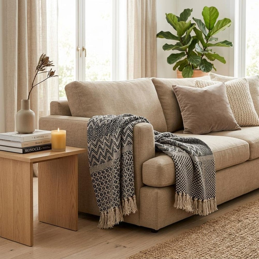 52" X 67" Beige and Black Quilted Cotton Abstract Throw Blanket HomeRoots