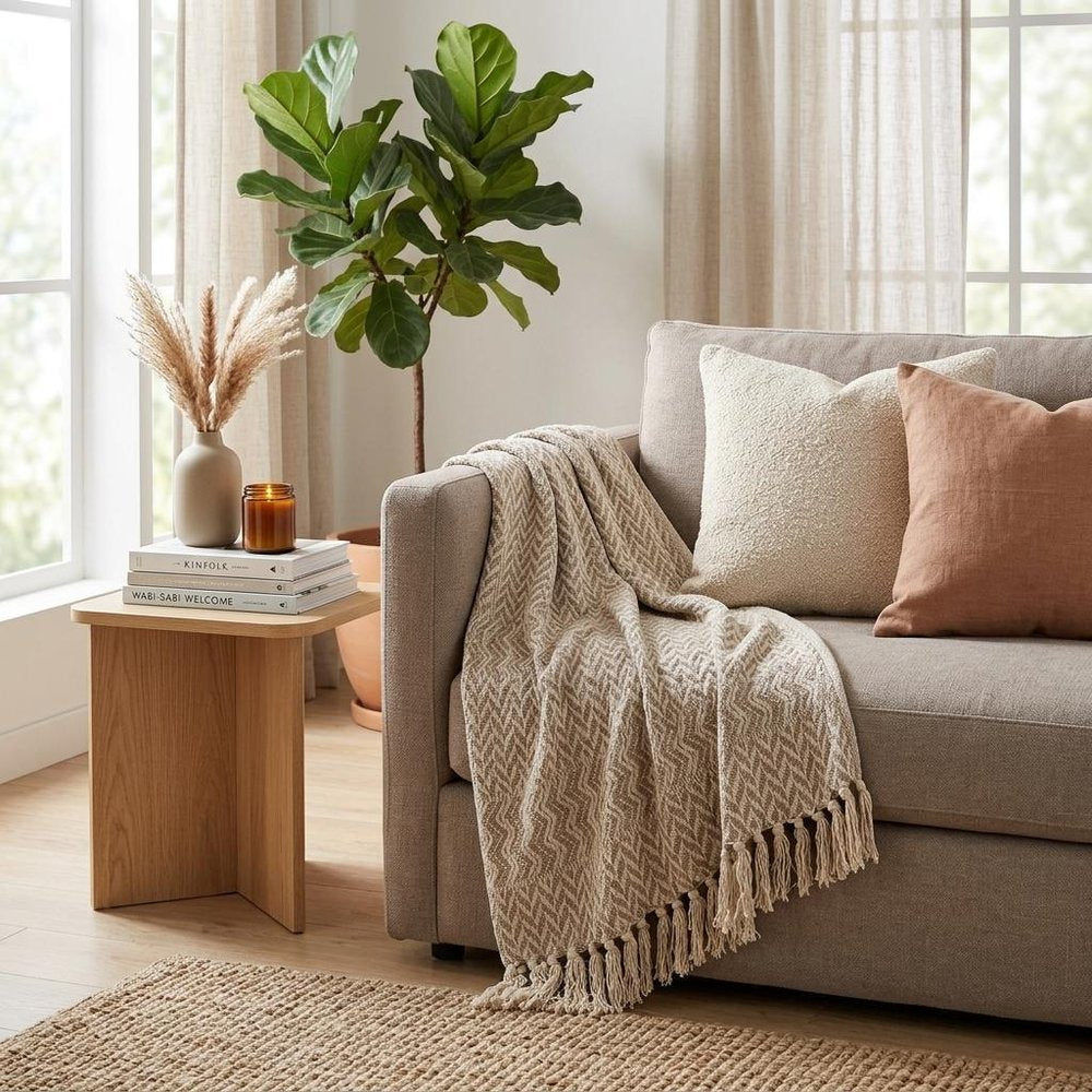 Multi Beige Herringbone Woven Handloom Throw HomeRoots