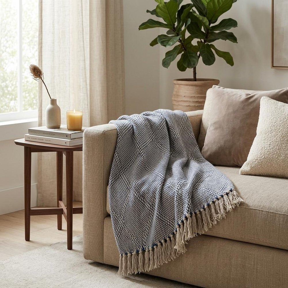 Blue and Beige Woven Handloom Throw with Tassels HomeRoots