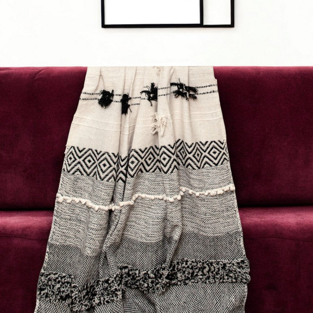 Boho Beige and Black Handloom Weave Throw with Decorative Tassels HomeRoots