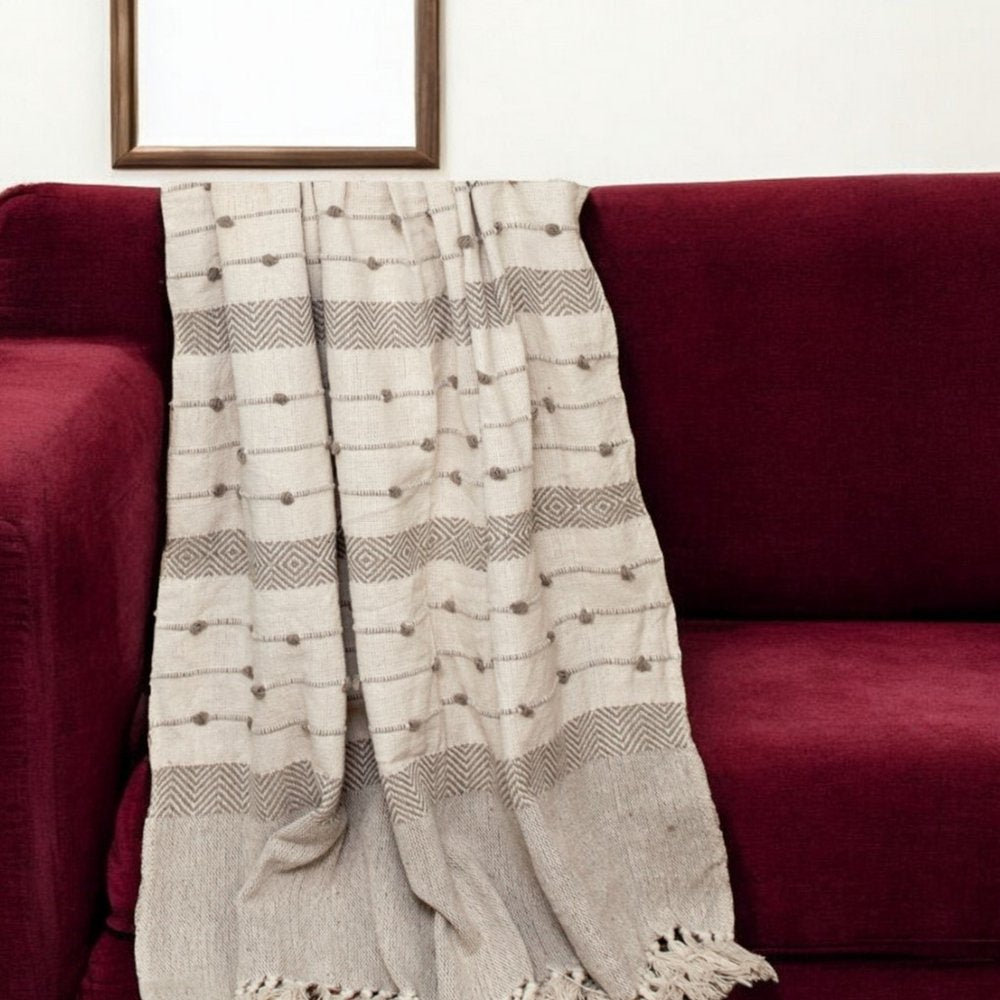 Tufted Beige Fringed Woven Handloom Throw HomeRoots