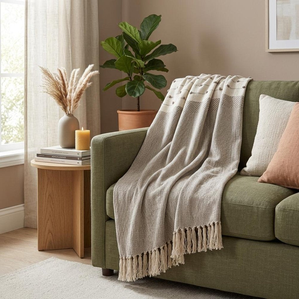 Tufted Beige Fringed Woven Handloom Throw HomeRoots
