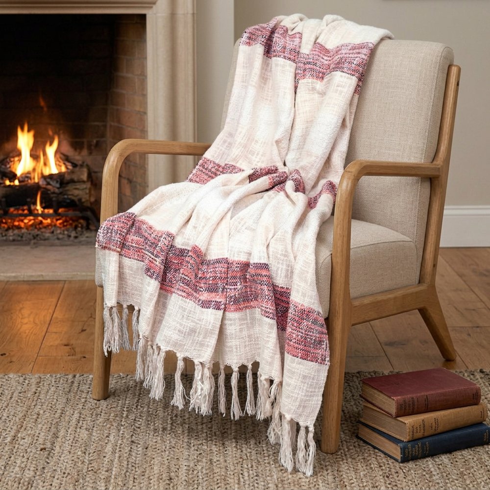Beige and Shades of Pink Strips Woven Handloom Throw Blanket HomeRoots