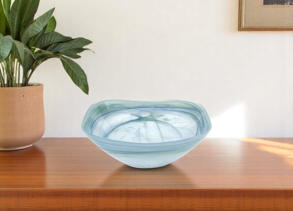 Set of Two 6" Aqua Blue And White Alabaster Glass Square Candy or Nut Bowls HomeRoots