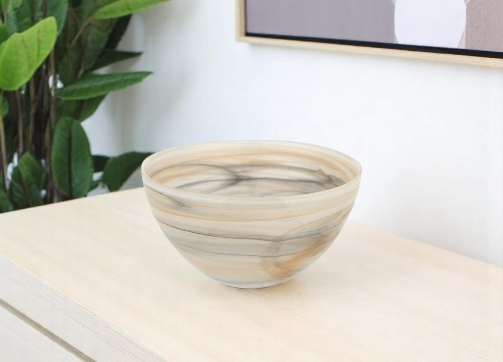 6" Taupe And White Alabaster Glass Round Candy or Nut Bowl HomeRoots