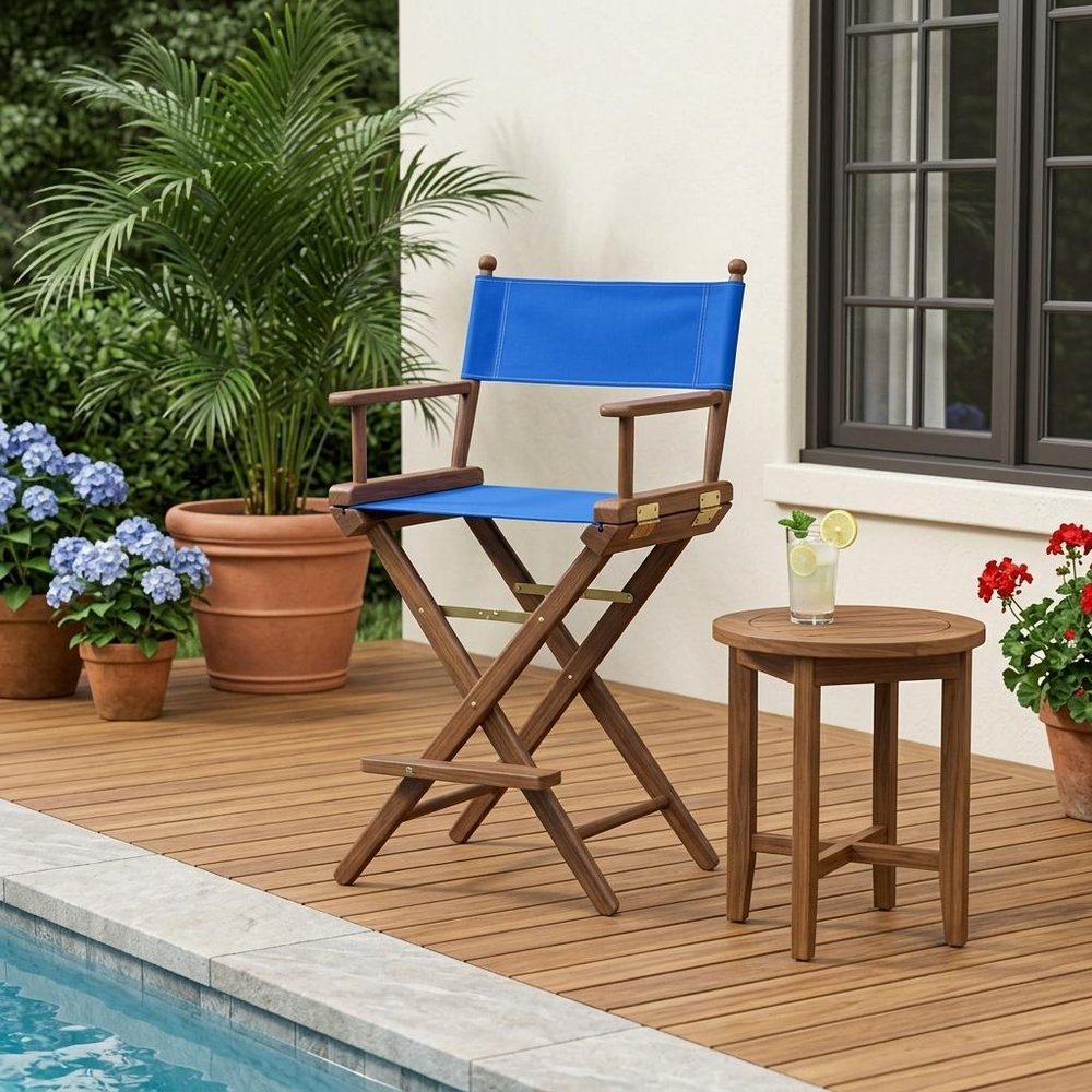 23" Blue and Brown Solid Wood Indoor Outdoor Director Chair HomeRoots