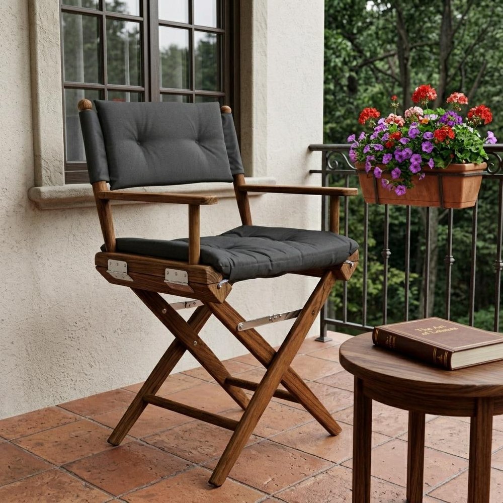 23" Black and Natural Wood Solid Wood Indoor Outdoor Director Chair with Black Cushion HomeRoots