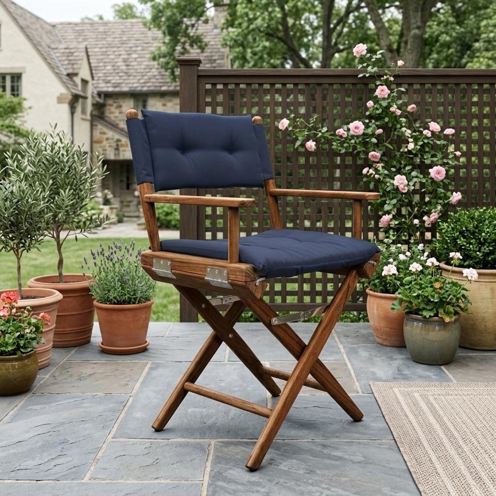 23" Navy Blue and Brown Solid Wood Indoor Outdoor Director Chair with Navy Blue Cushion HomeRoots