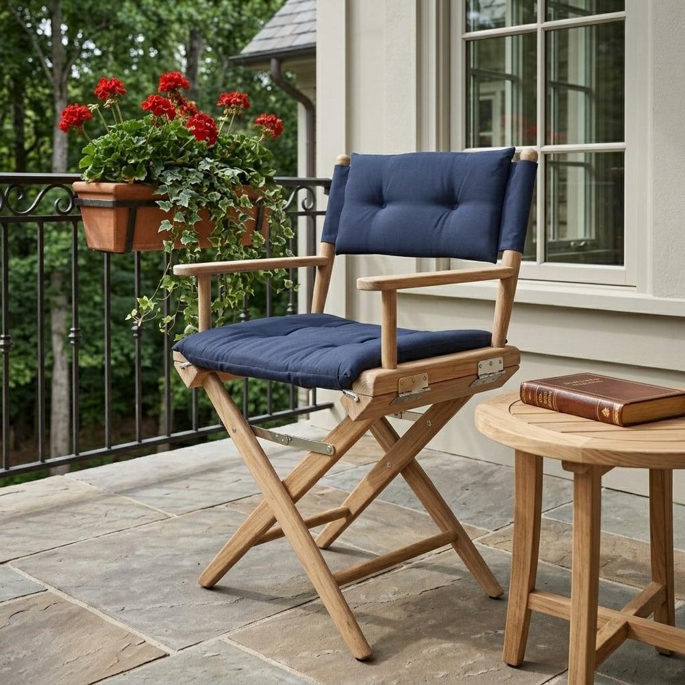 Navy Blue And Brown Solid Wood Director Chair With Navy Blue Cushion HomeRoots