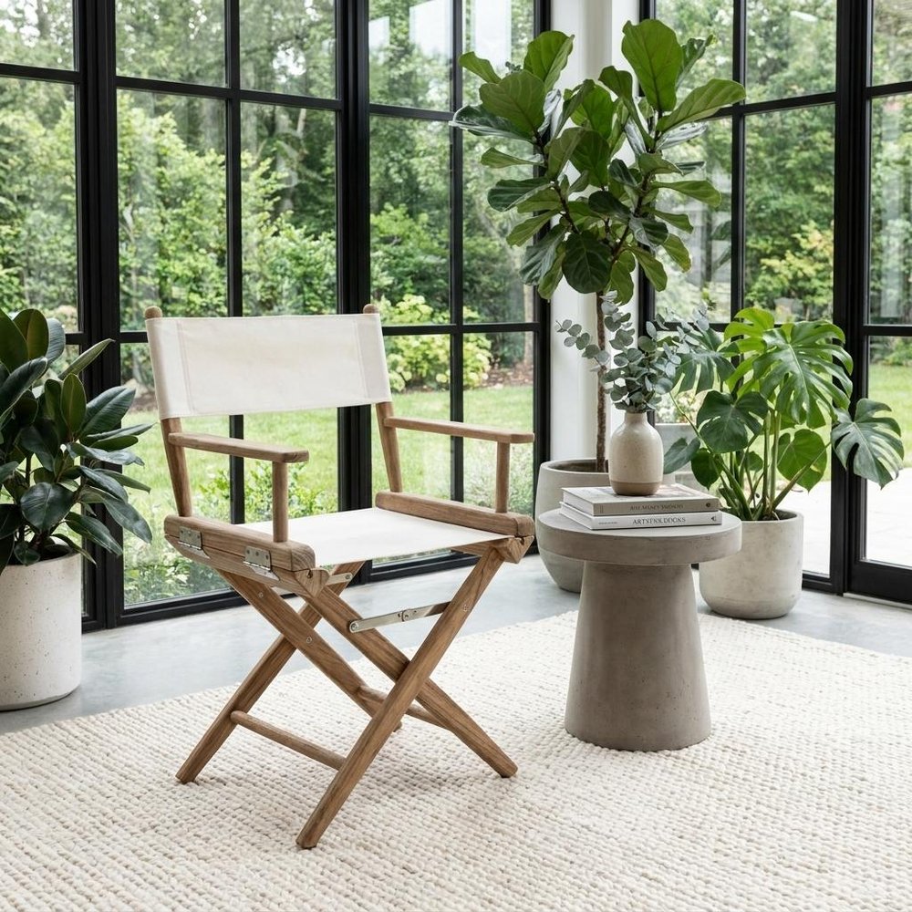23" Brown and Ivory and Natural Wood Solid Wood Indoor Outdoor Director Chair HomeRoots