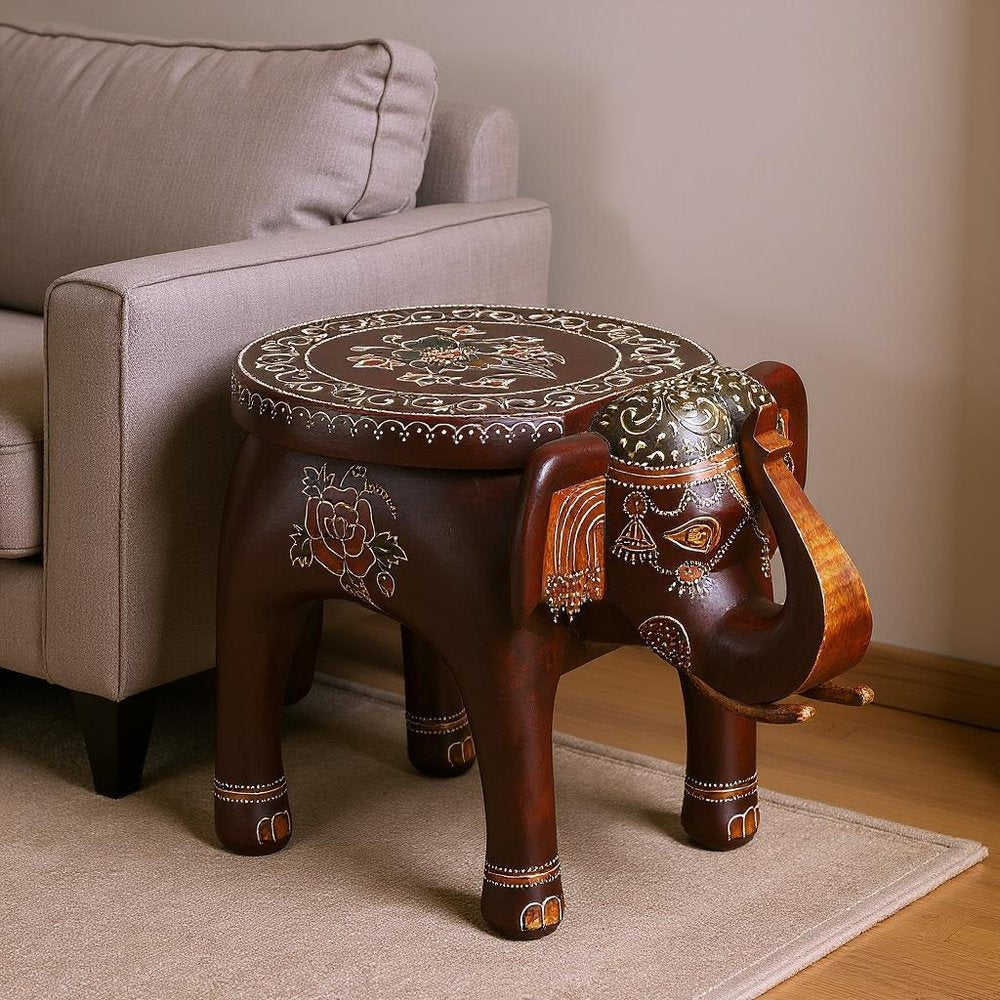 15" Brown Hand Painted Floral Three Dimensional Elephant End Table HomeRoots