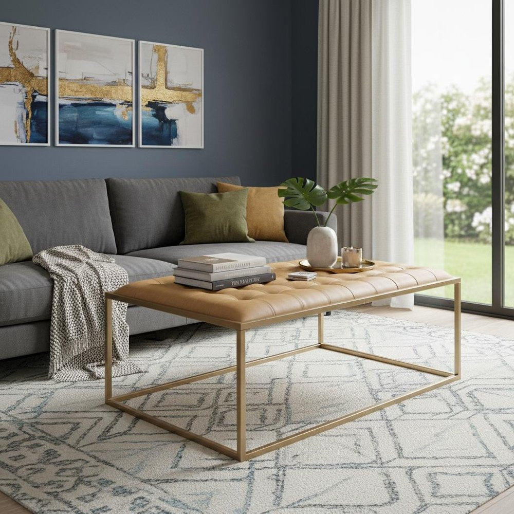 48" Gold And Brown Leather Rectangular Coffee Table HomeRoots