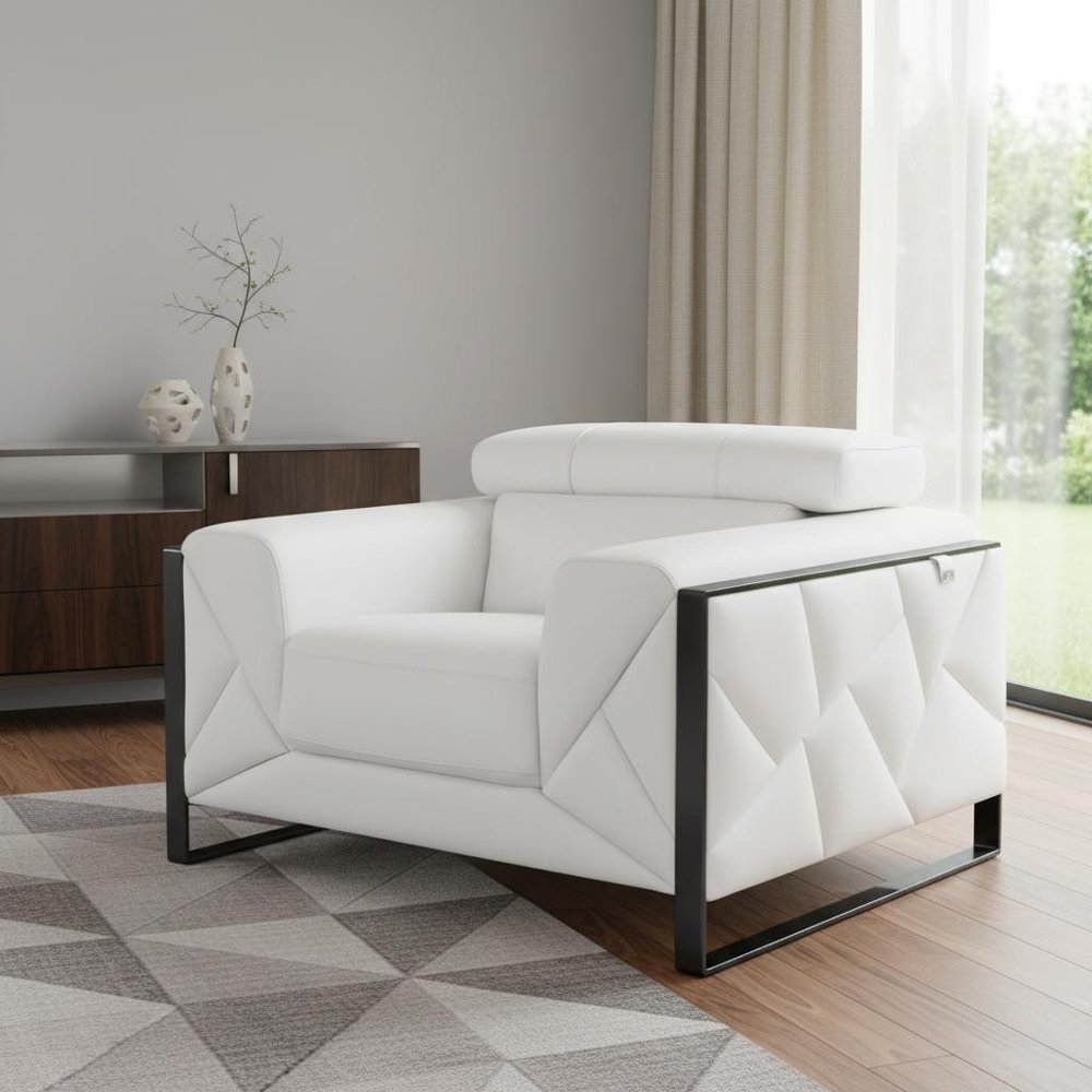 48" White And Gunmetal Italian Leather Arm Chair HomeRoots