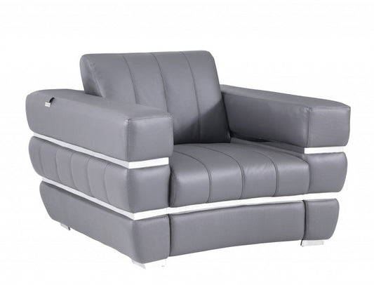 48" Dark Slate Gray And White Italian Leather Arm Chair HomeRoots