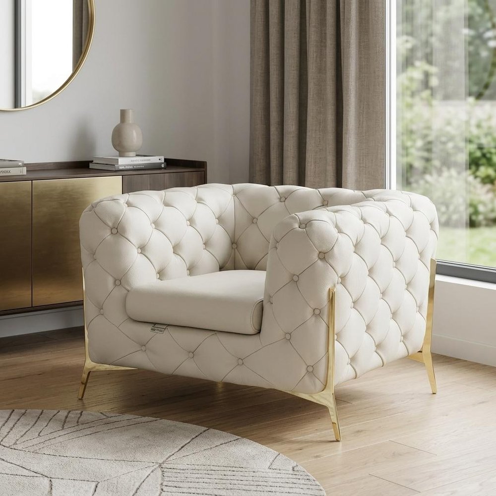 45" Beige And Gold Italian Leather Tufted Chesterfield Chair HomeRoots