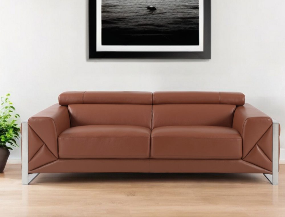 89" Camel Italian Leather Sofa With Silver Legs HomeRoots