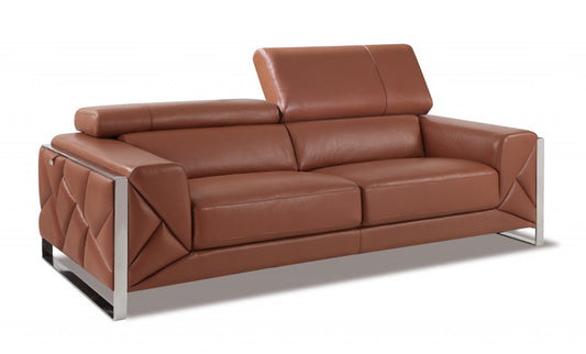 89" Camel Italian Leather Sofa With Silver Legs HomeRoots