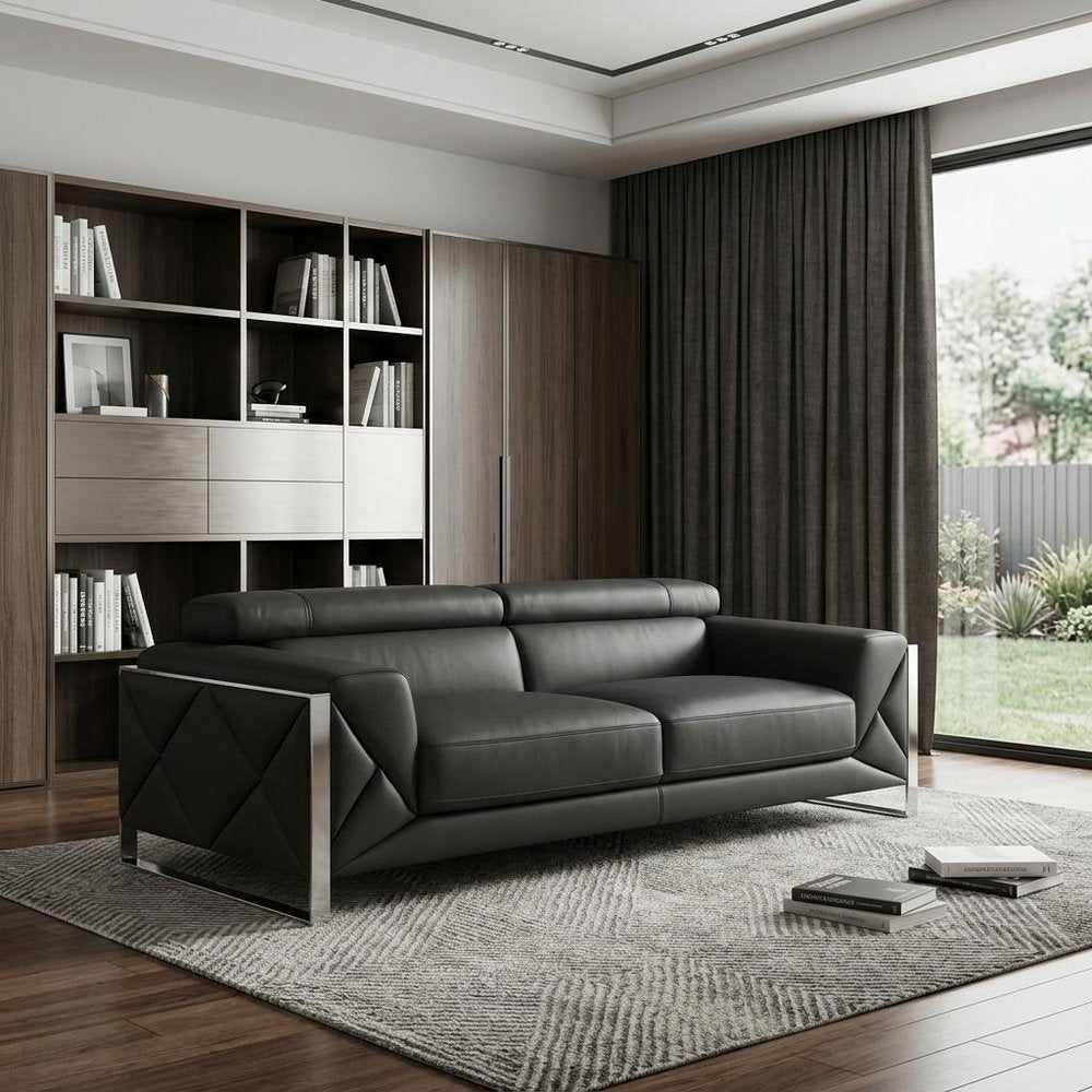 89" Dark Gray Italian Leather Sofa With Silver Legs HomeRoots