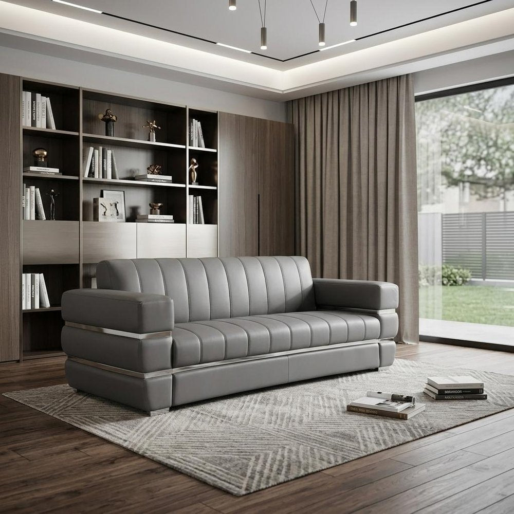 89" Dark Gray Italian Leather Sofa With Silver Legs HomeRoots