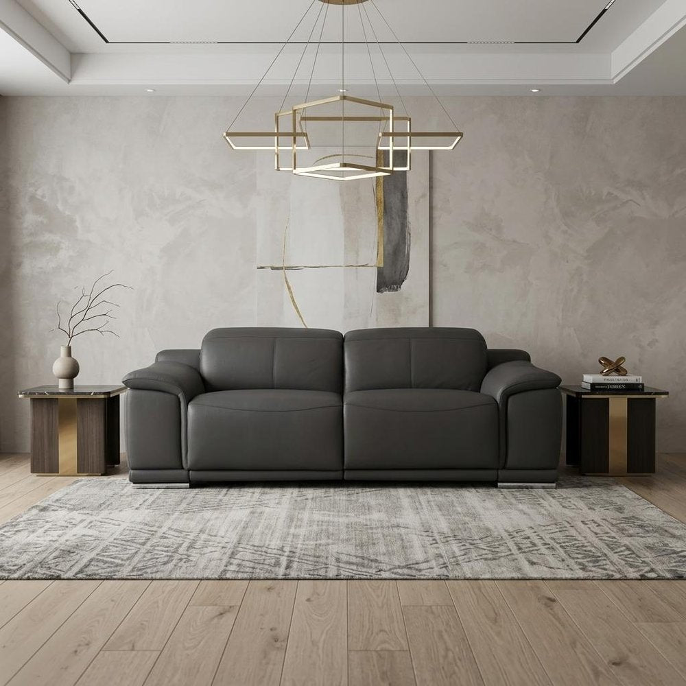 86" Dark Gray Italian Leather USB Reclining Sofa With Silver Legs HomeRoots