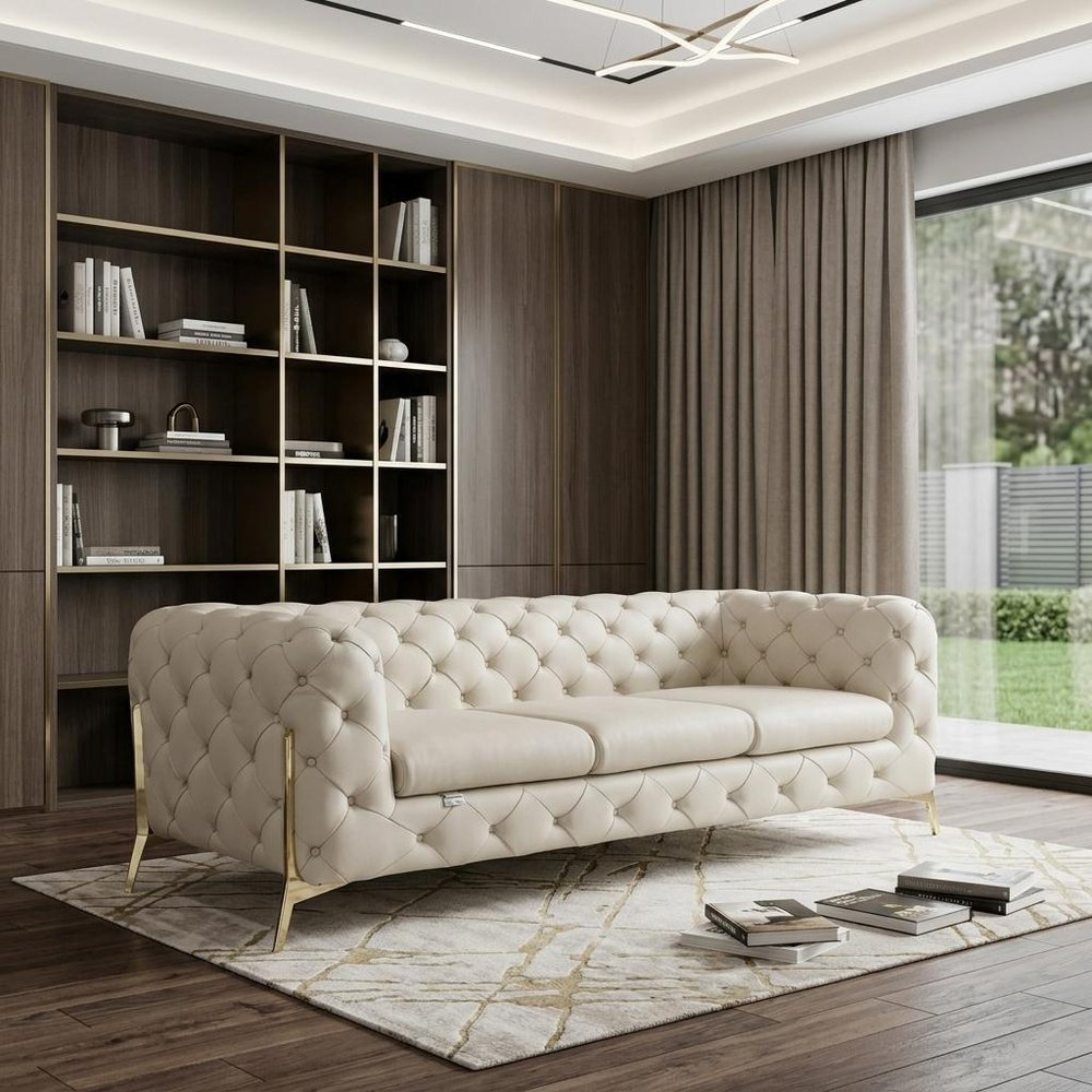 93" Beige Italian Leather Chesterfield Sofa With Silver Legs HomeRoots