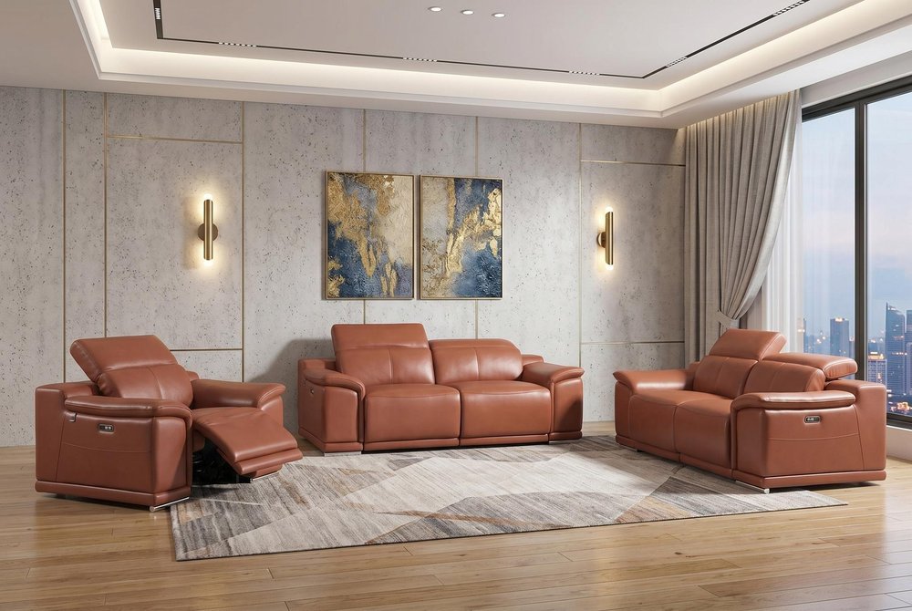 Three Piece Indoor Camel Italian Leather Six Person Seating Set HomeRoots