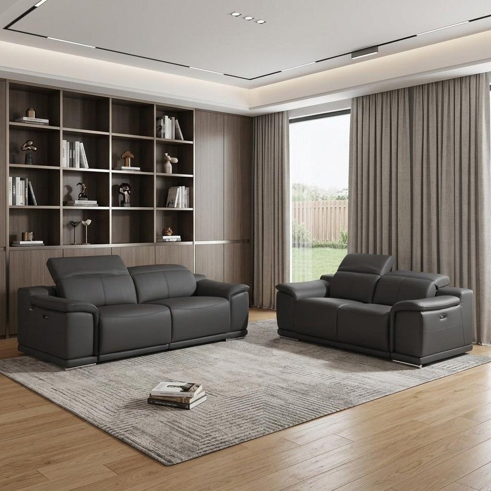 Two Piece Indoor Dark Gray Italian Leather Five Person Seating Set HomeRoots