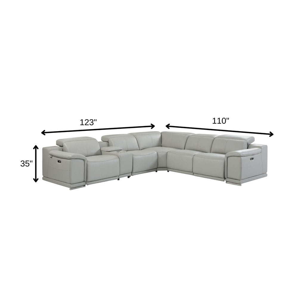 Light Gray Italian Leather Power Reclining U Shaped Six Piece Corner Sectional With Console HomeRoots