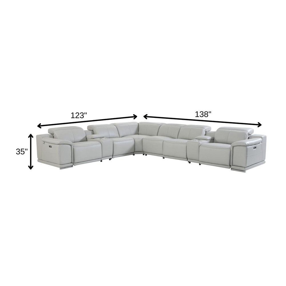 Light Gray Italian Leather Power Reclining U Shaped Eight Piece Corner Sectional With Console HomeRoots