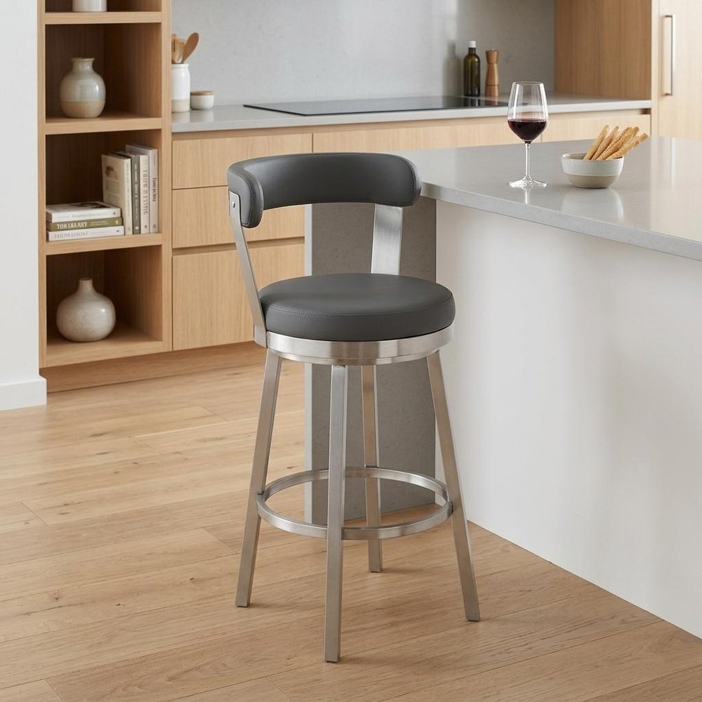 26" Gray And Silver Fabric And Iron Backless Counter Height Swivel Bar Chair HomeRoots