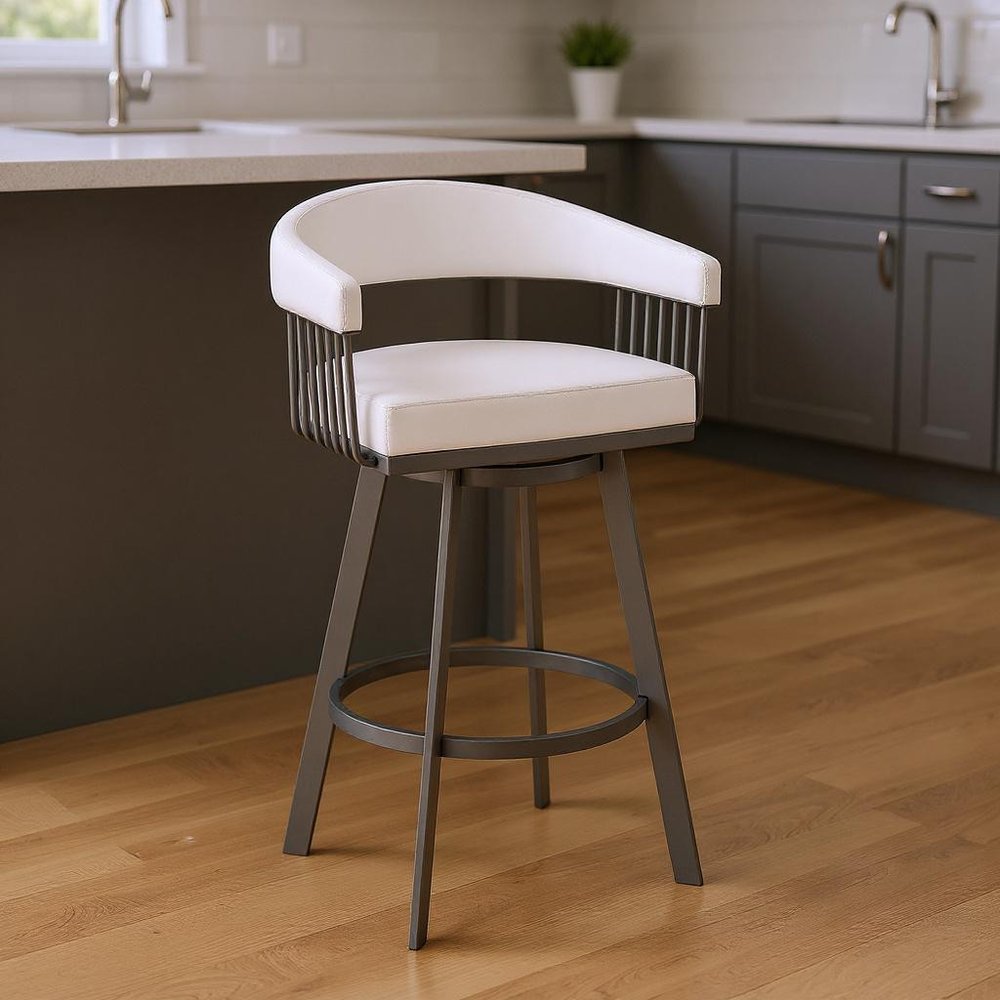 25" White And Silver Fabric And Iron Backless Counter Height Swivel Bar Chair HomeRoots