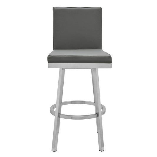 30" Gray And Silver Faux Leather And Faux Leather And Iron Bar Height Swivel Bar Chair HomeRoots