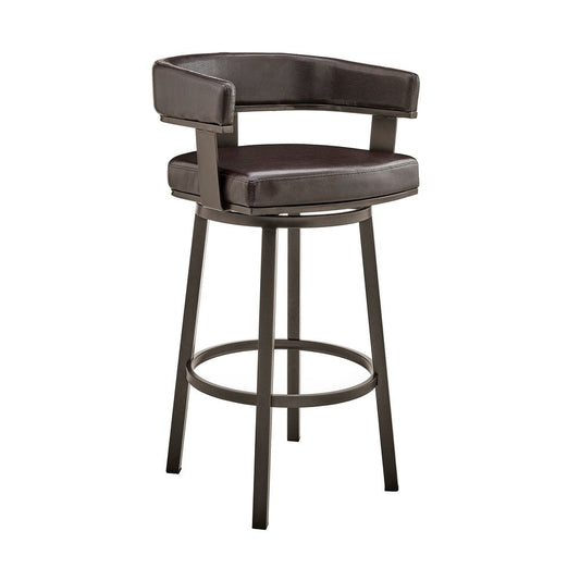 30" Chocolate And Gray Faux Leather And Iron Swivel Low Back Bar Height Bar Chair HomeRoots