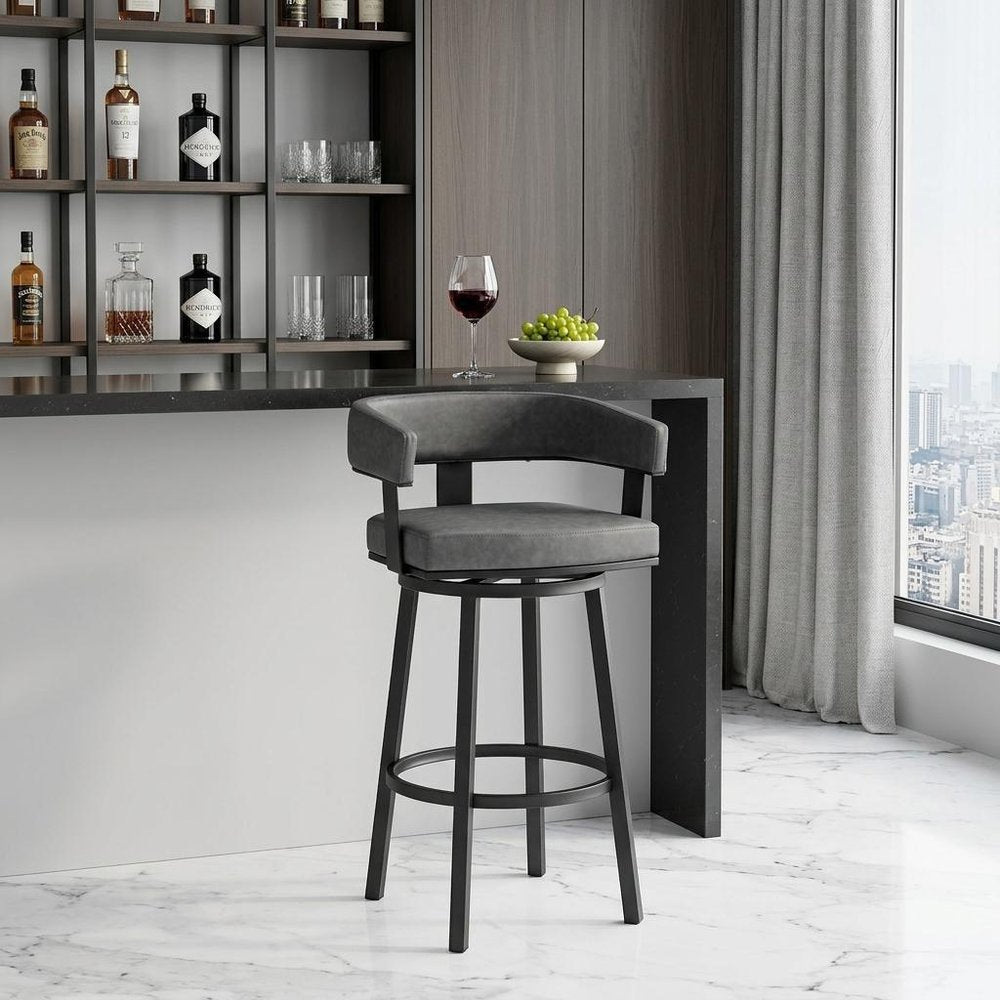 30" Gray And Black Fabric And Iron Low Back Bar Height Swivel Bar Chair HomeRoots