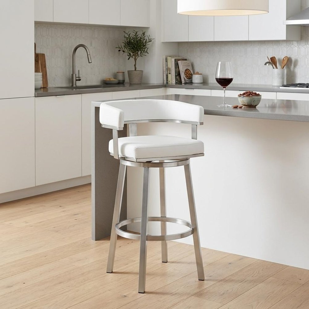 26" White And Silver Faux Leather And Fabric And Steel Low Back Counter Height Swivel Bar Chair HomeRoots