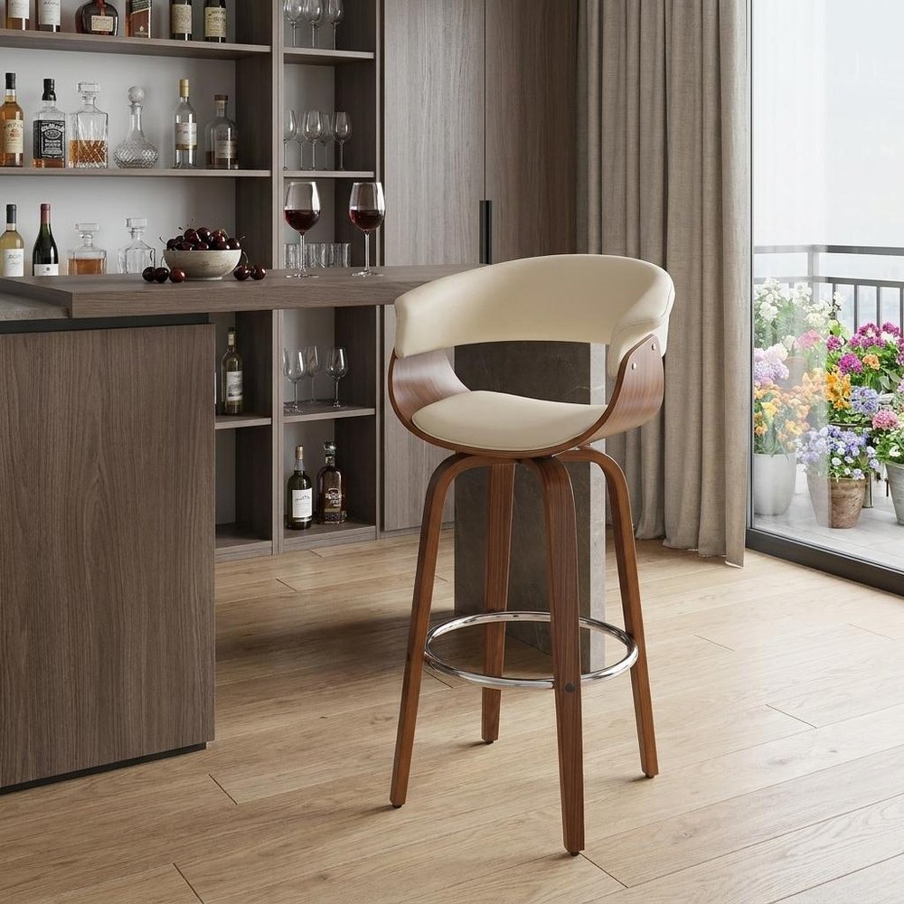 31" Cream And Brown Faux Leather And Solid Wood Swivel Low Back Bar Height Bar Chair HomeRoots