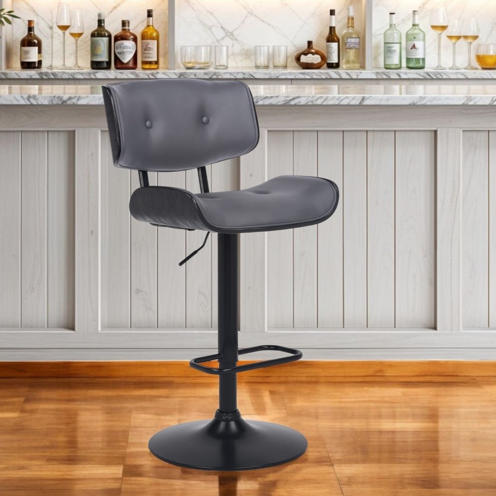 Gray and Black Iron and Faux Leather Adjustable Height Swivel Bar Chair HomeRoots