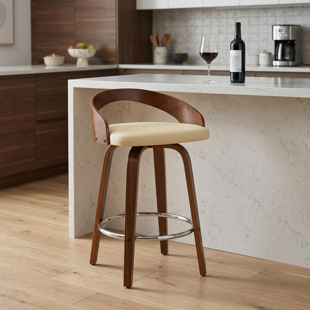 26" Cream And Brown Faux Leather And Fabric And Solid Wood Low Back Counter Height Swivel Bar Chair HomeRoots