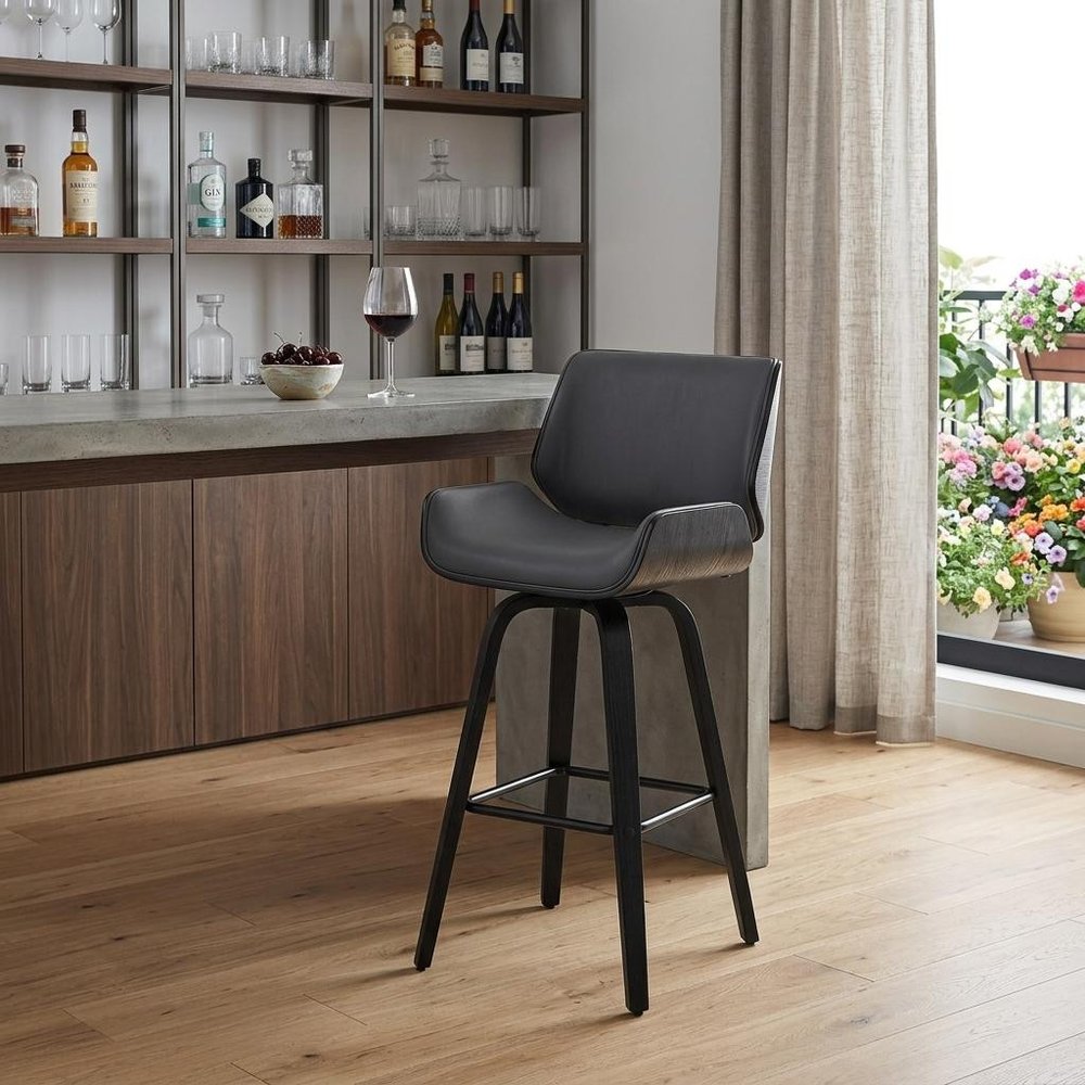 30" Gray And Black Fabric And Iron Bar Height Swivel Bar Chair HomeRoots