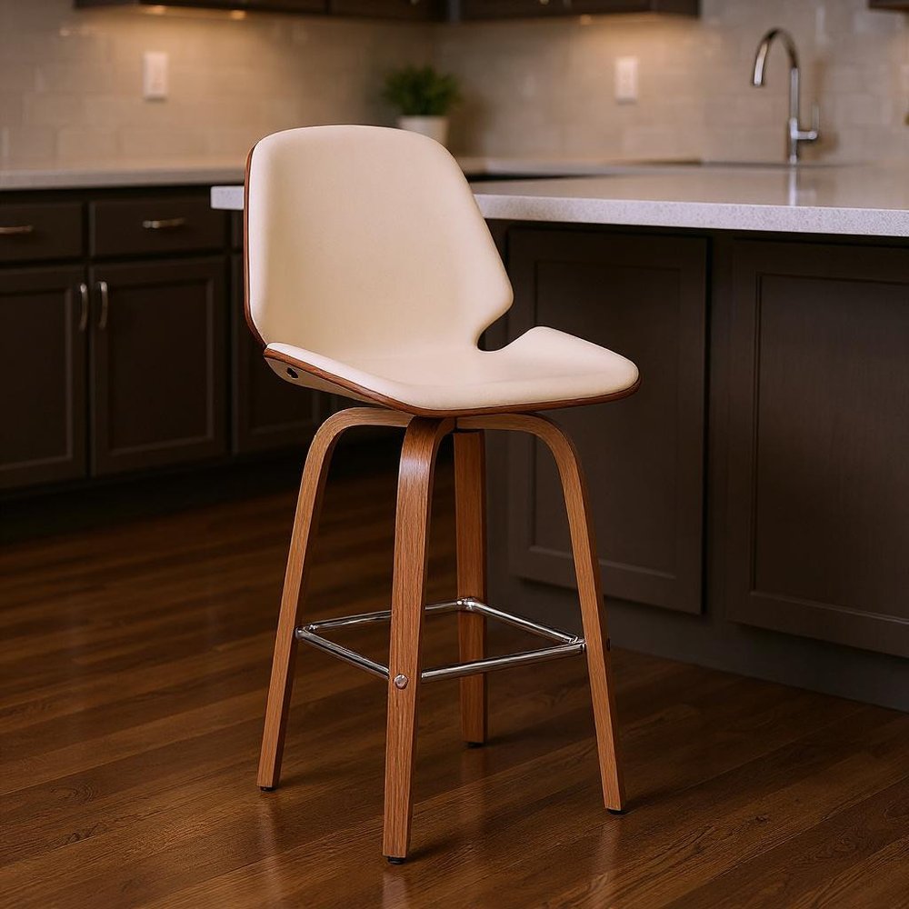 26" Cream And Brown Fabric And Wood Counter Height Swivel Bar Chair HomeRoots