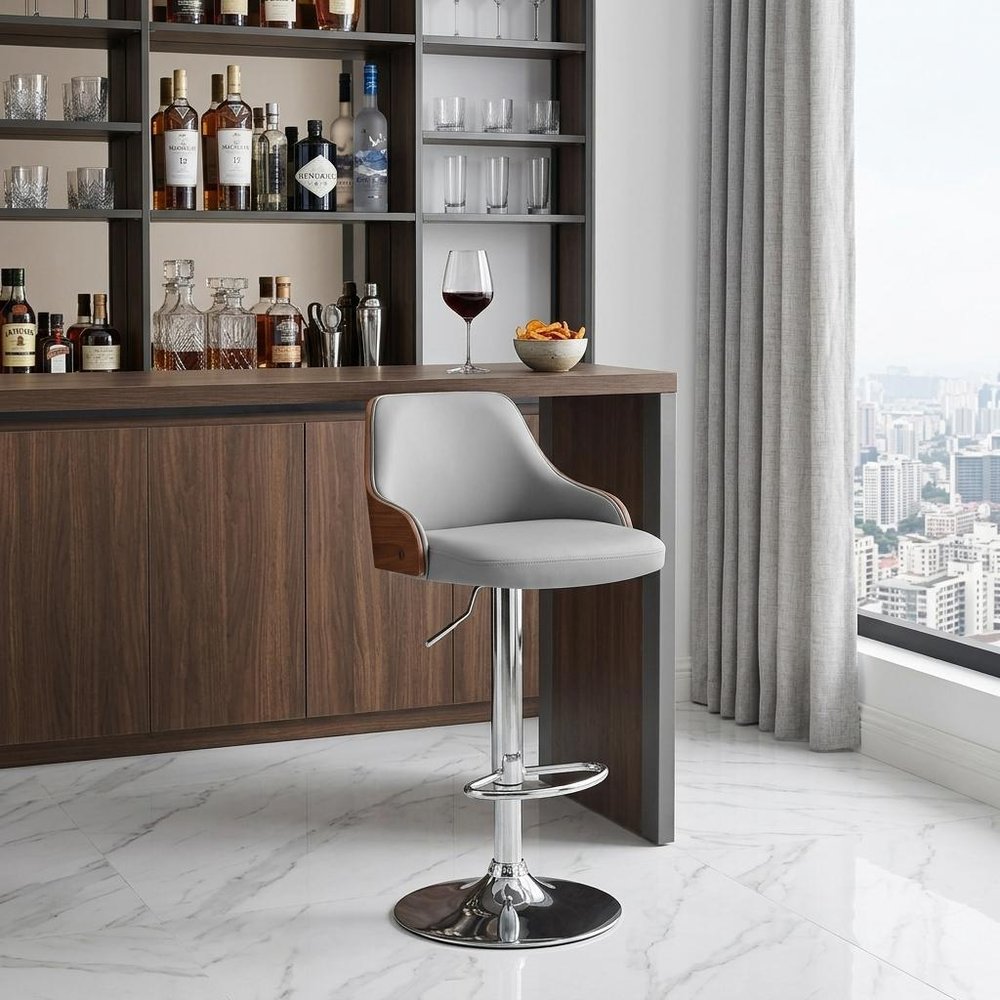 Gray And Silver Faux Leather And Iron Adjustable Height Swivel Bar Chair HomeRoots