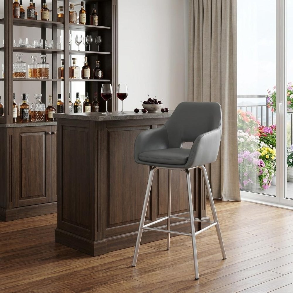 30" Gray And Silver Fabric And Iron Low Back Bar Height Swivel Bar Chair HomeRoots