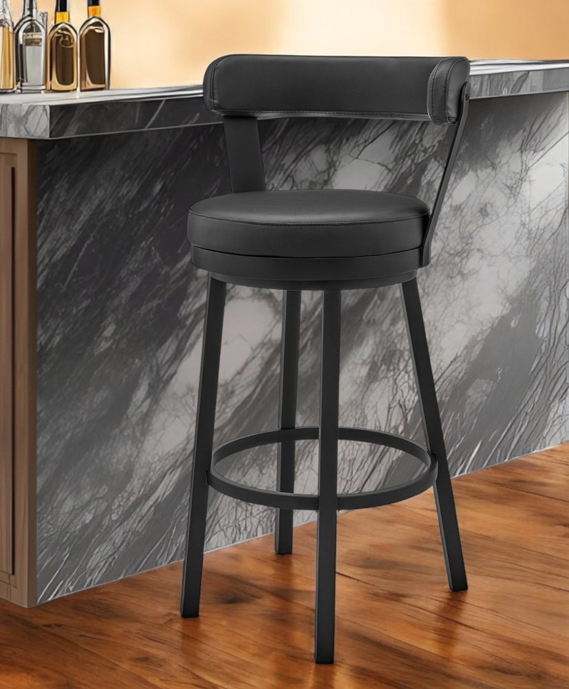 30" Black Faux Leather and Steel Low Back Bar Height Swivel Bar Chair HomeRoots