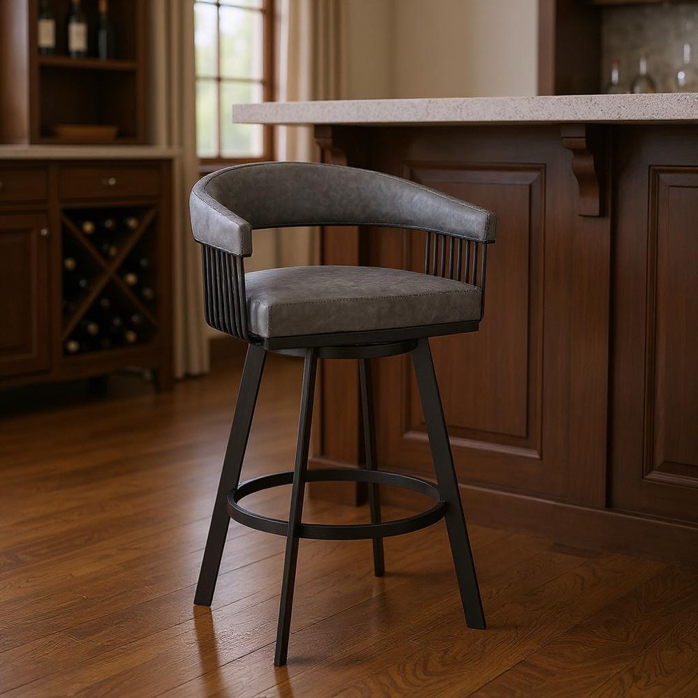 29" Gray And Black Fabric And Iron Low Back Bar Height Swivel Bar Chair HomeRoots