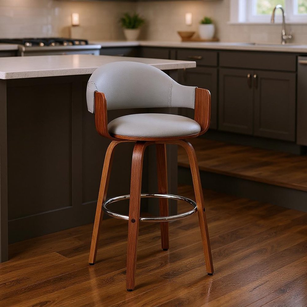26" Gray And Brown Fabric And Wood Low Back Counter Height Swivel Bar Chair HomeRoots