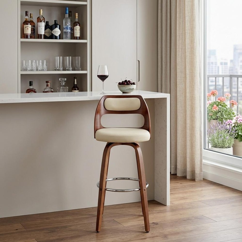 30" Cream And Brown Faux Leather And Fabric And Wood Bar Height Swivel Bar Chair HomeRoots