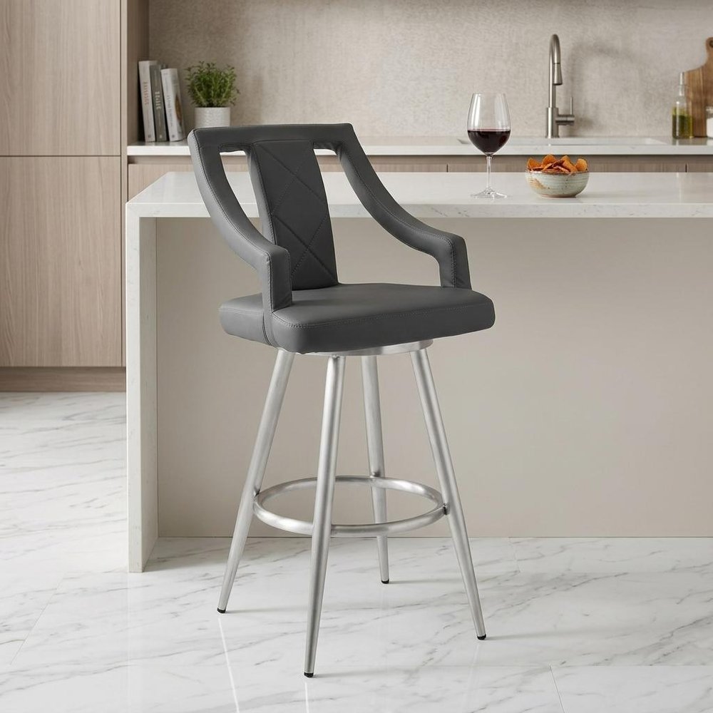 25" Gray And Silver Faux Leather And Fabric And Iron Counter Height Swivel Bar Chair HomeRoots
