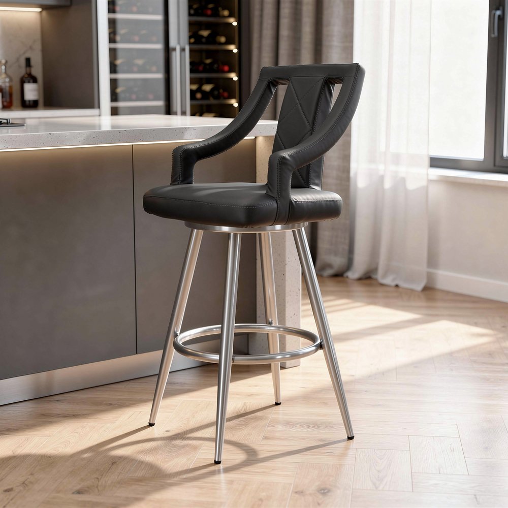 29" Gray And Silver Faux Leather And Iron Swivel Bar Height Bar Chair HomeRoots