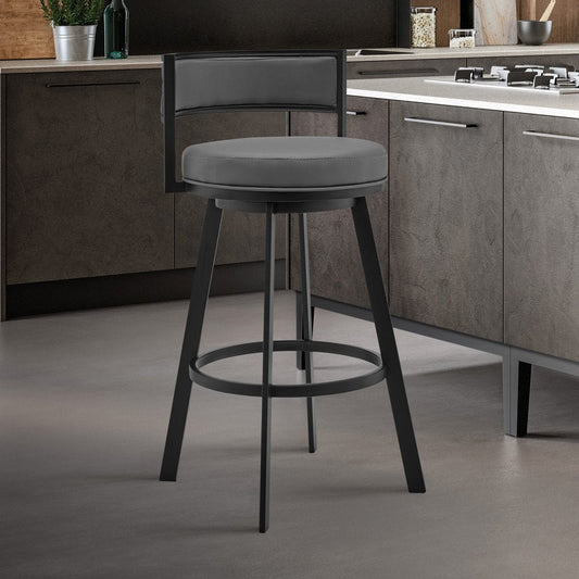 26" Gray And Black Faux Leather And Fabric And Iron Low Back Counter Height Swivel Bar Chair HomeRoots