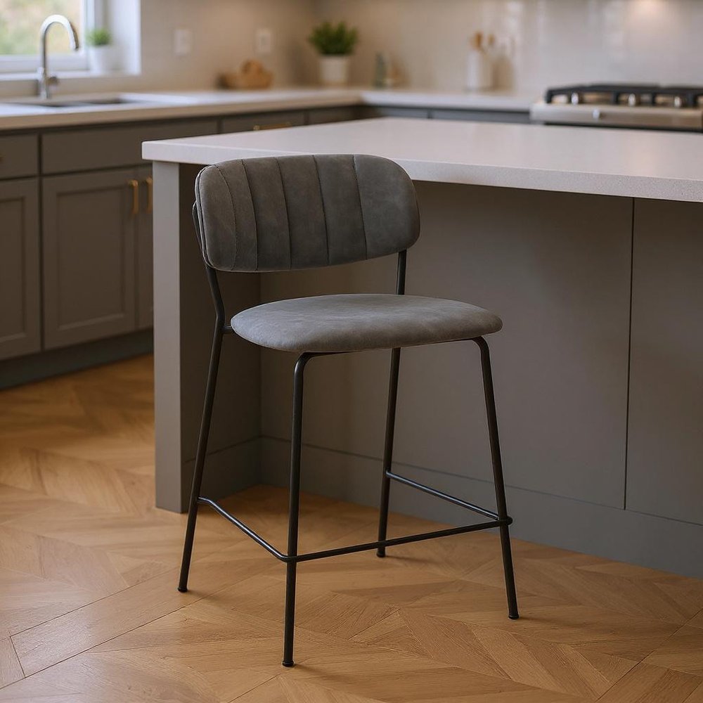 26" Gray And Black Fabric And Iron Counter Height Bar Chair HomeRoots